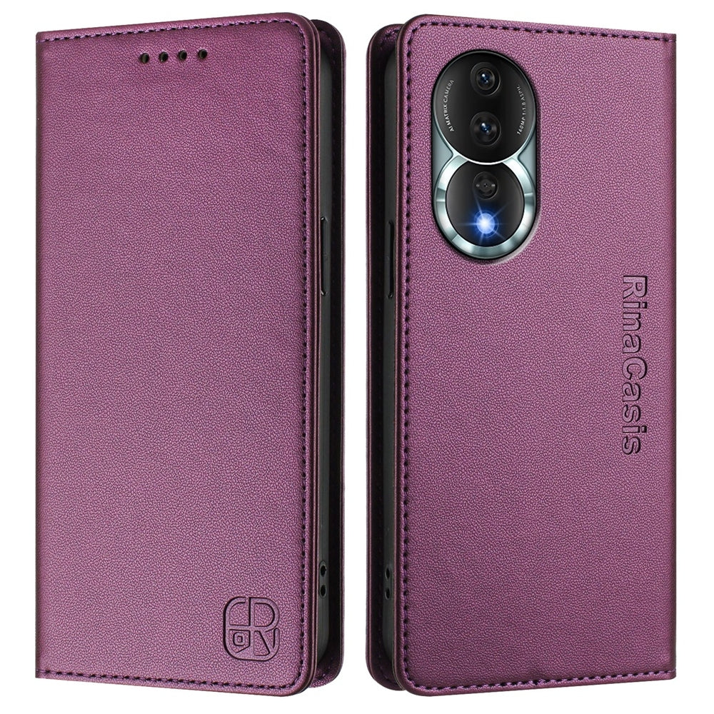 Honor 80 Dual-Folded Magnetic Suction RFID Blocking PU Leather Wallet Phone Case with Card Slots, Cash Pocket, Kickstand, Full Protective Flip Cover