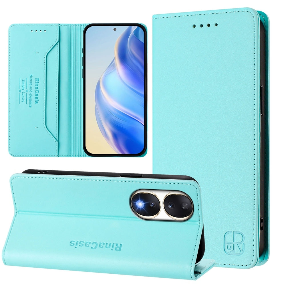 Honor 90 Dual-Folded Magnetic Suction RFID Blocking PU Leather Wallet Phone Case with Card Slots, Cash Pocket, Kickstand, Full Protective Flip Cover