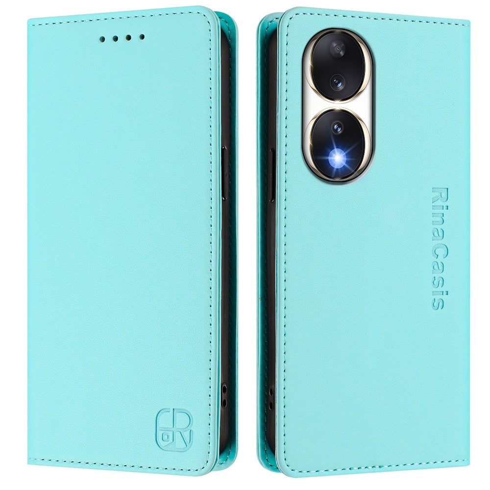 Honor 90 Dual-Folded Magnetic Suction RFID Blocking PU Leather Wallet Phone Case with Card Slots, Cash Pocket, Kickstand, Full Protective Flip Cover