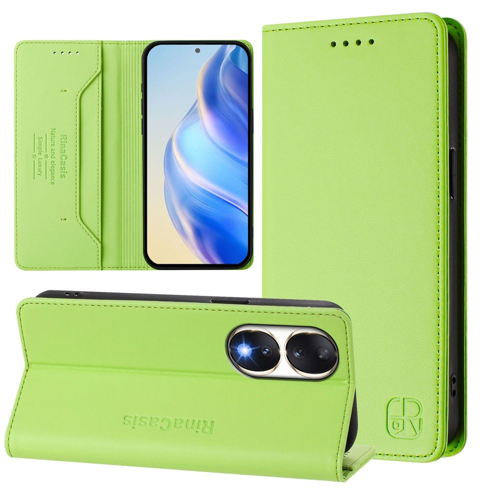 Honor 90 Dual-Folded Magnetic Suction RFID Blocking PU Leather Wallet Phone Case with Card Slots, Cash Pocket, Kickstand, Full Protective Flip Cover