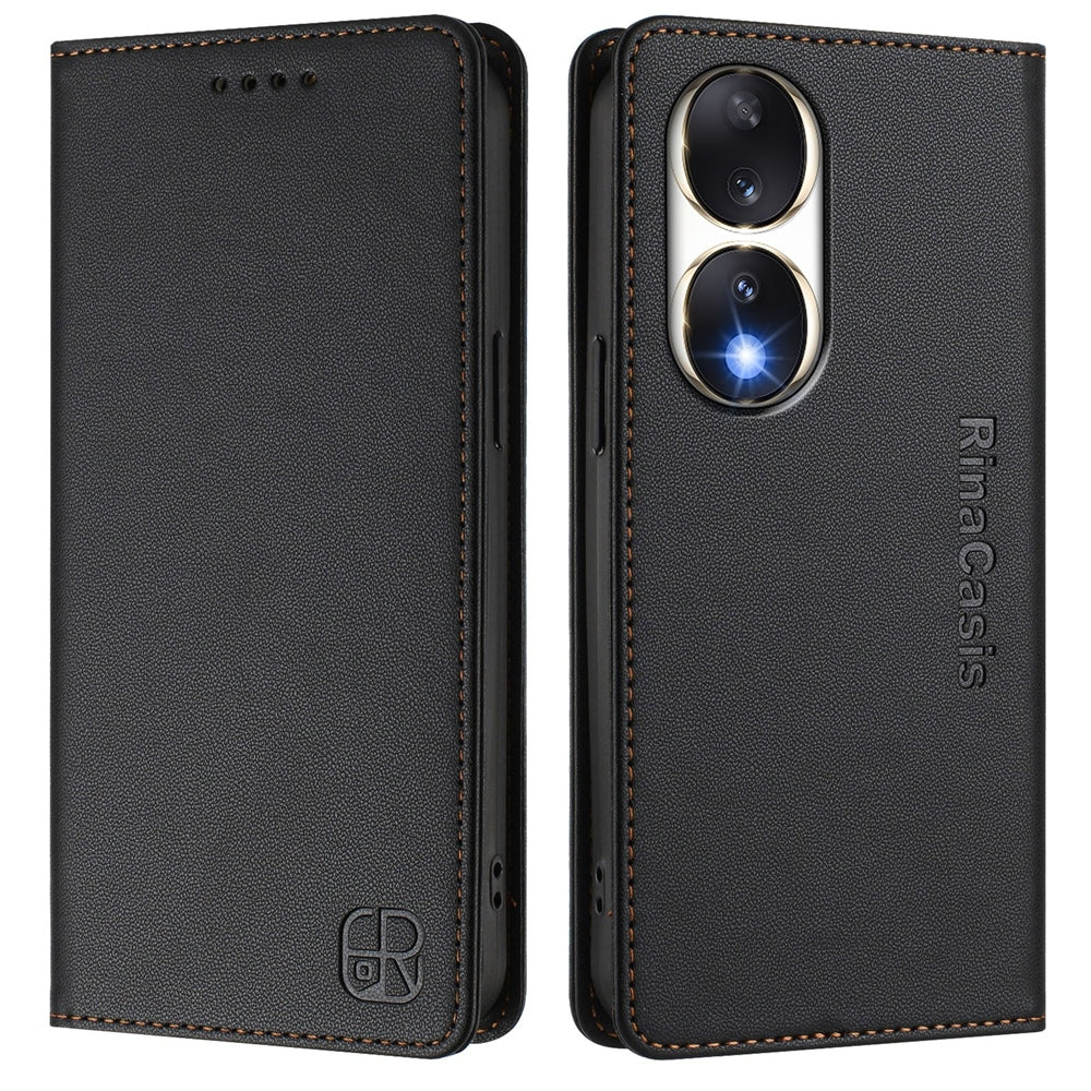 Honor 90 Dual-Folded Magnetic Suction RFID Blocking PU Leather Wallet Phone Case with Card Slots, Cash Pocket, Kickstand, Full Protective Flip Cover
