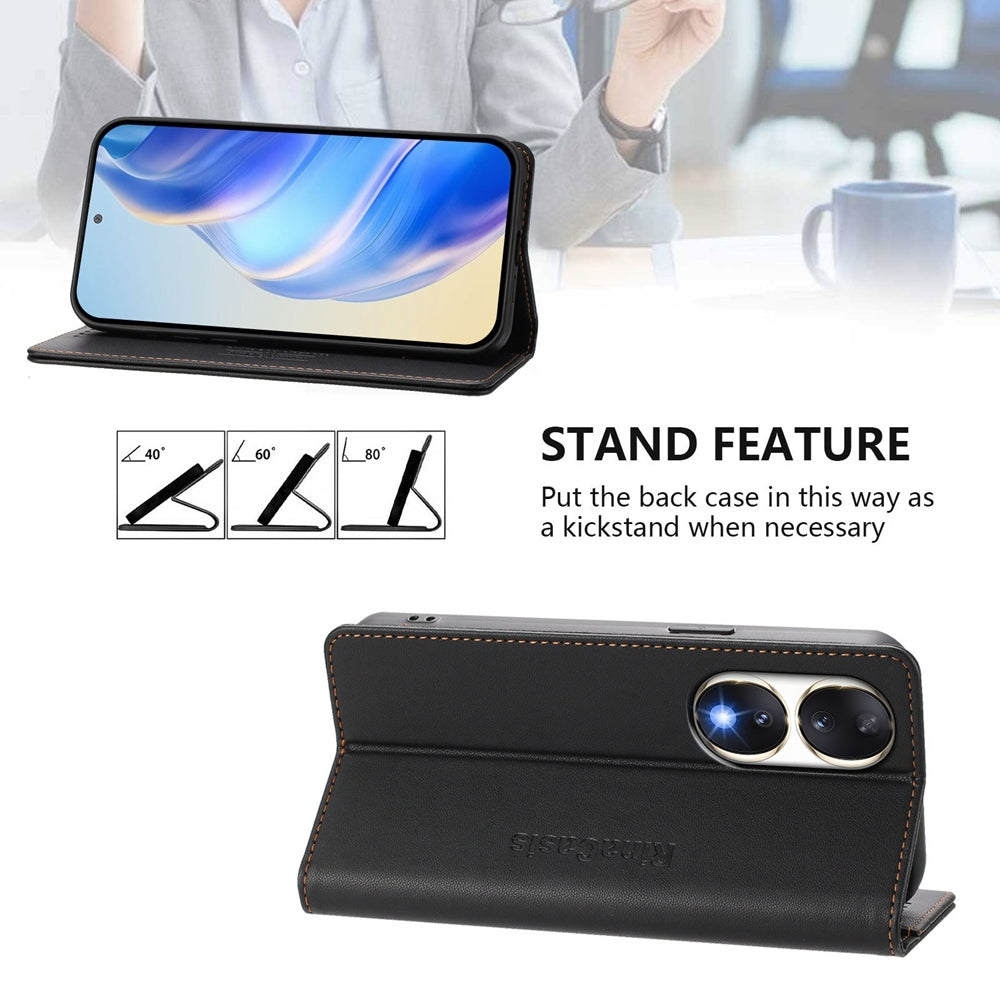 Honor 90 Dual-Folded Magnetic Suction RFID Blocking PU Leather Wallet Phone Case with Card Slots, Cash Pocket, Kickstand, Full Protective Flip Cover