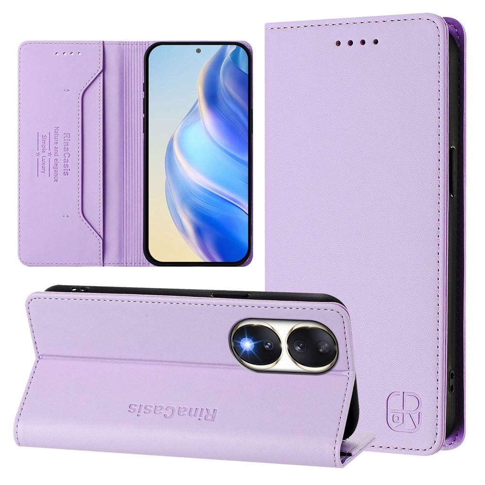 Honor 90 Dual-Folded Magnetic Suction RFID Blocking PU Leather Wallet Phone Case with Card Slots, Cash Pocket, Kickstand, Full Protective Flip Cover