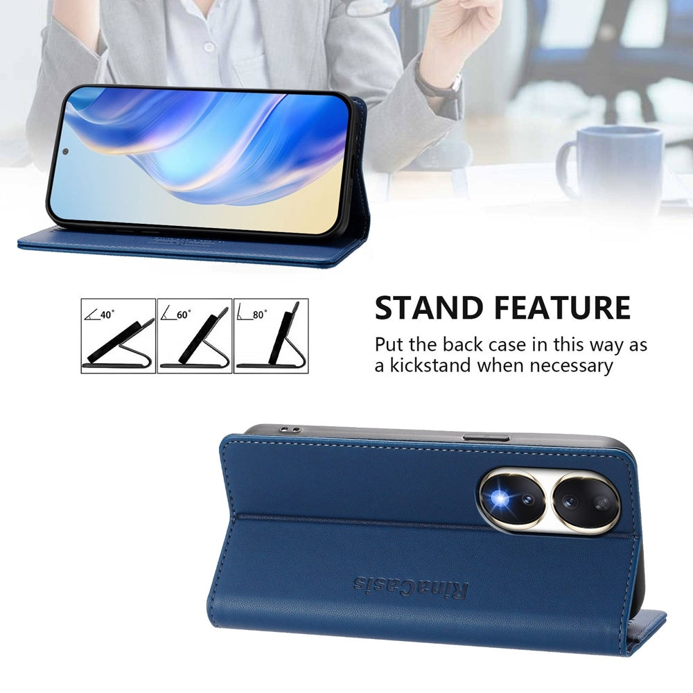 Honor 90 Dual-Folded Magnetic Suction RFID Blocking PU Leather Wallet Phone Case with Card Slots, Cash Pocket, Kickstand, Full Protective Flip Cover