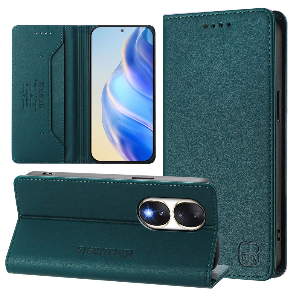 Honor 90 Dual-Folded Magnetic Suction RFID Blocking PU Leather Wallet Phone Case with Card Slots, Cash Pocket, Kickstand, Full Protective Flip Cover