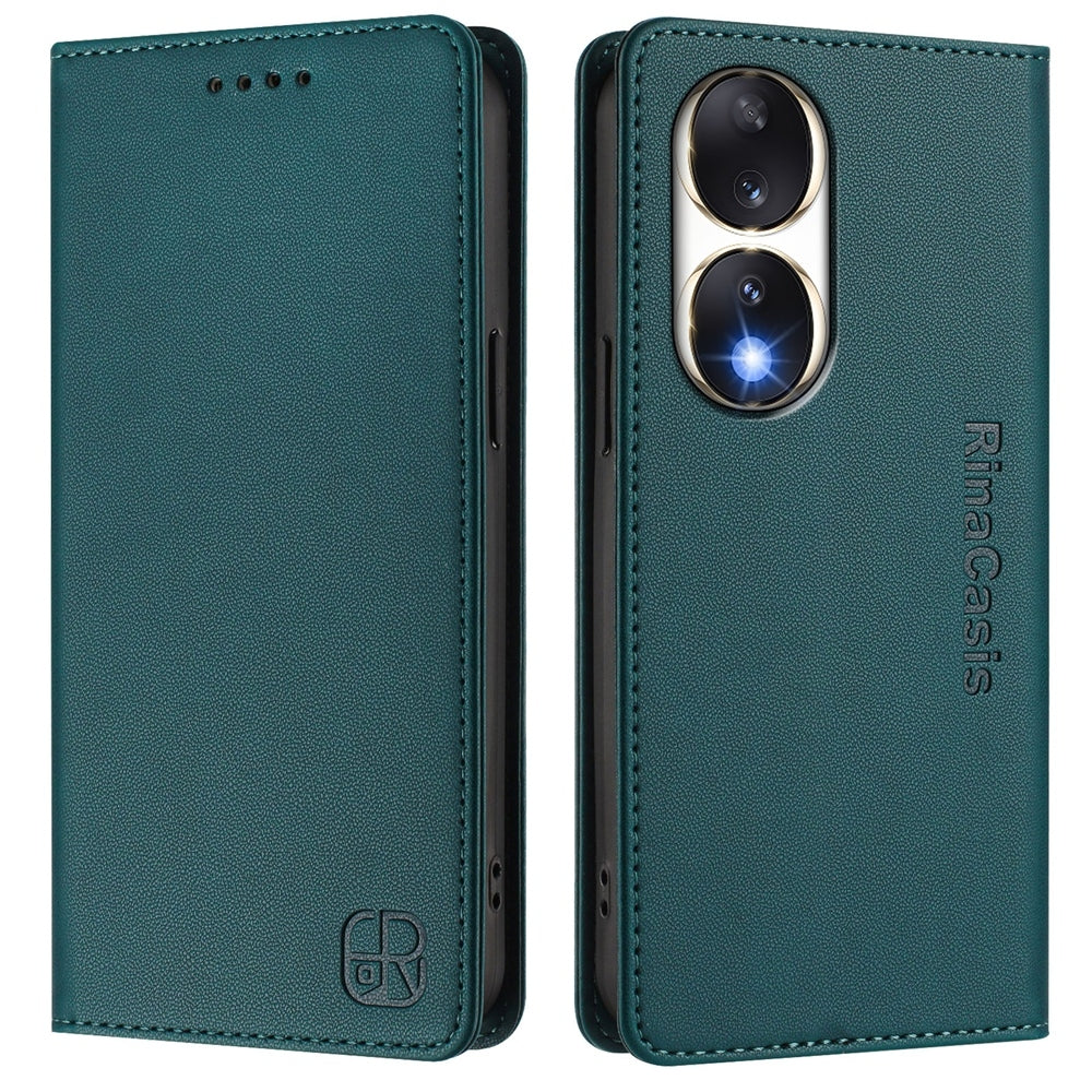 Honor 90 Dual-Folded Magnetic Suction RFID Blocking PU Leather Wallet Phone Case with Card Slots, Cash Pocket, Kickstand, Full Protective Flip Cover