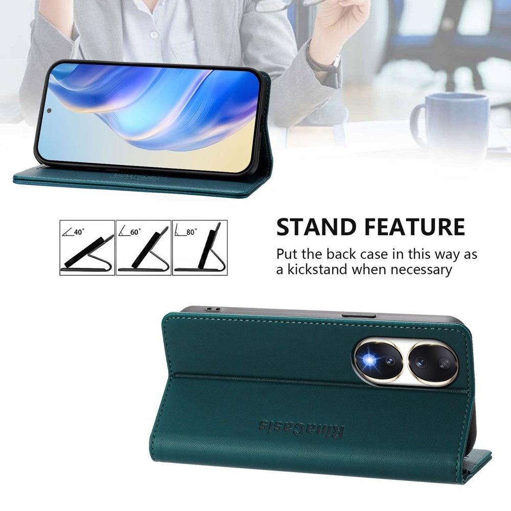 Honor 90 Dual-Folded Magnetic Suction RFID Blocking PU Leather Wallet Phone Case with Card Slots, Cash Pocket, Kickstand, Full Protective Flip Cover