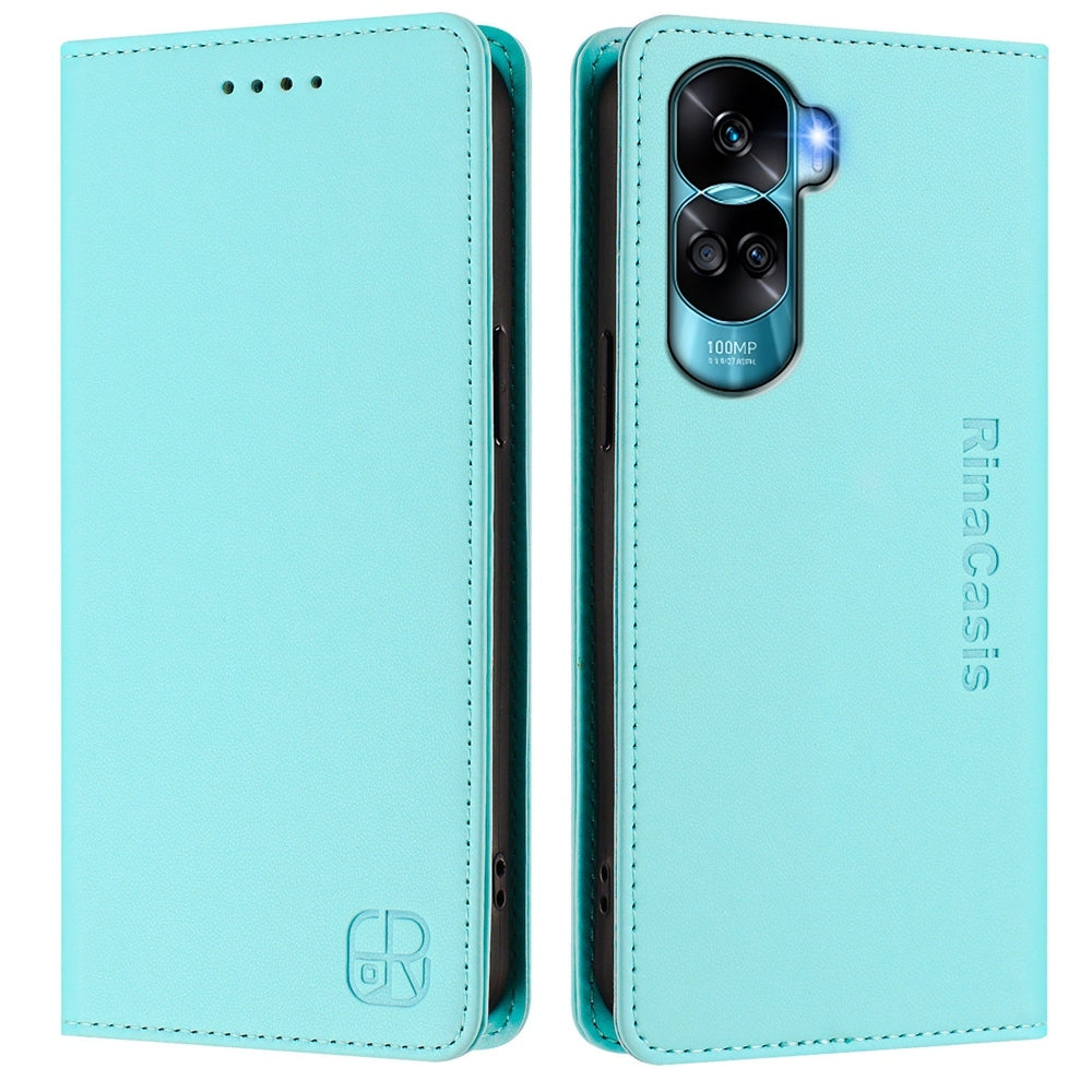 Honor 90 Lite Dual-Folded Magnetic Suction RFID Blocking PU Leather Wallet Phone Case with Card Slots, Cash Pocket, Kickstand, Full Protective Flip Cover