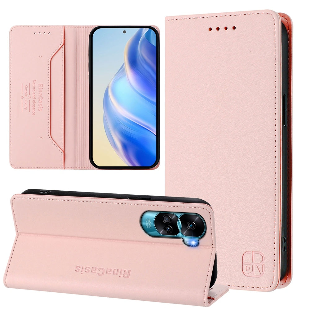 Honor X50i Dual-Folded Magnetic Suction RFID Blocking PU Leather Wallet Phone Case with Card Slots, Cash Pocket, Kickstand, Full Protective Flip Cover
