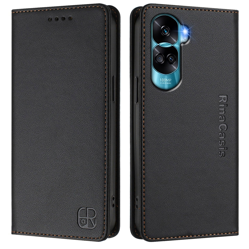 Honor 90 Lite Dual-Folded Magnetic Suction RFID Blocking PU Leather Wallet Phone Case with Card Slots, Cash Pocket, Kickstand, Full Protective Flip Cover