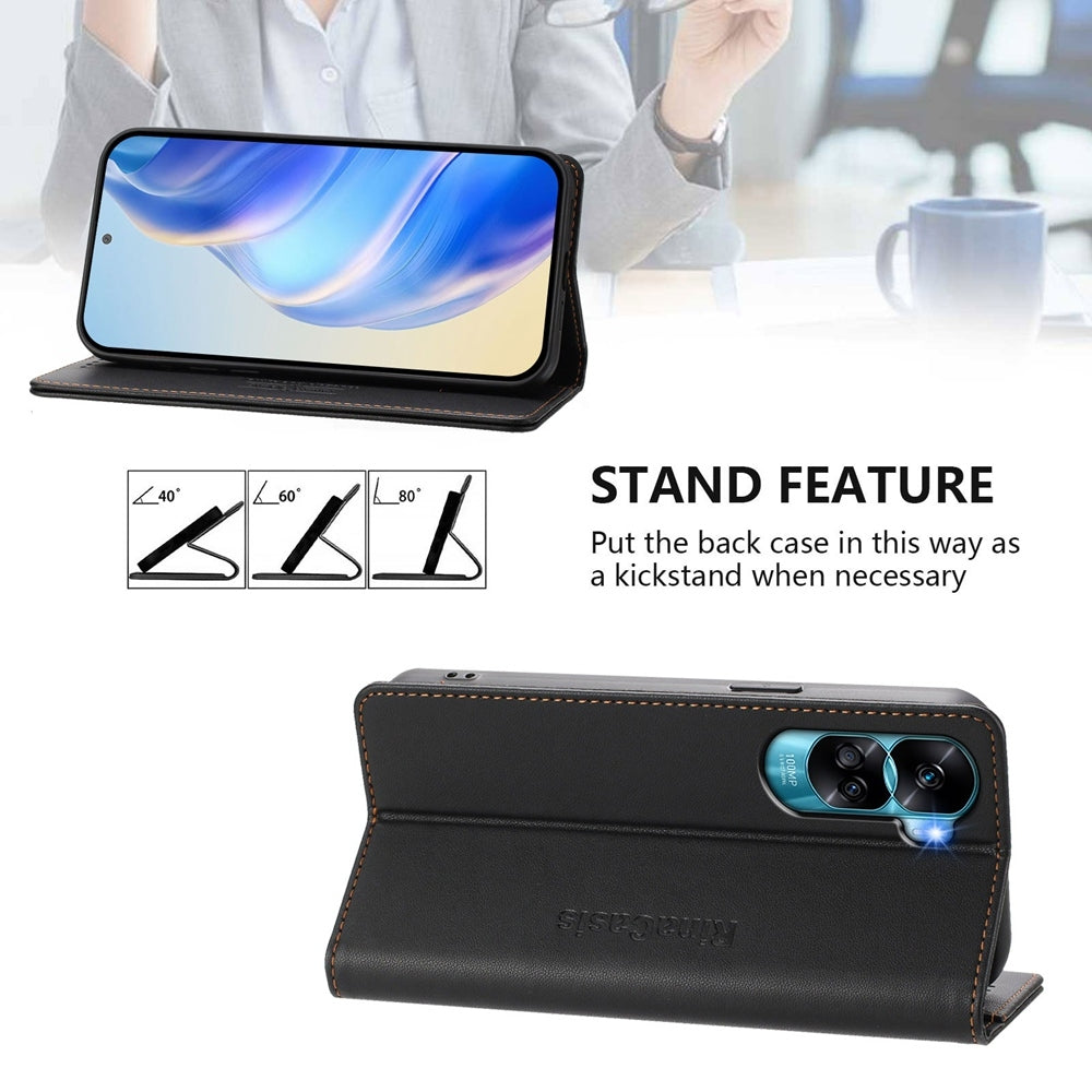Honor 90 Lite Dual-Folded Magnetic Suction RFID Blocking PU Leather Wallet Phone Case with Card Slots, Cash Pocket, Kickstand, Full Protective Flip Cover