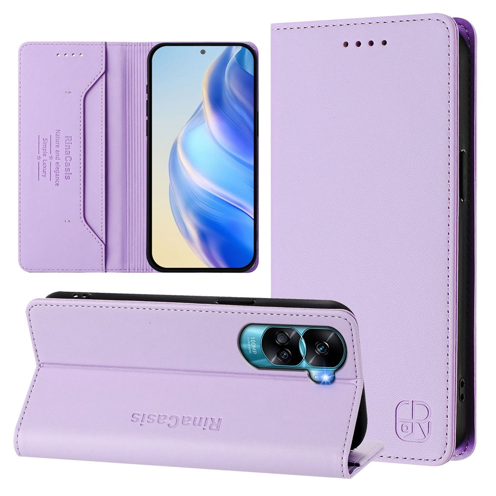 Honor X50i Dual-Folded Magnetic Suction RFID Blocking PU Leather Wallet Phone Case with Card Slots, Cash Pocket, Kickstand, Full Protective Flip Cover