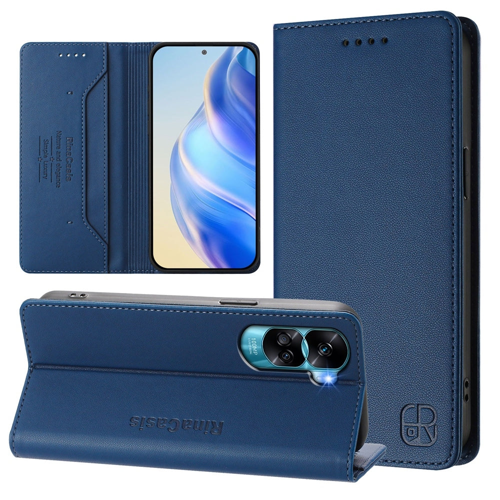 Honor X50i Dual-Folded Magnetic Suction RFID Blocking PU Leather Wallet Phone Case with Card Slots, Cash Pocket, Kickstand, Full Protective Flip Cover