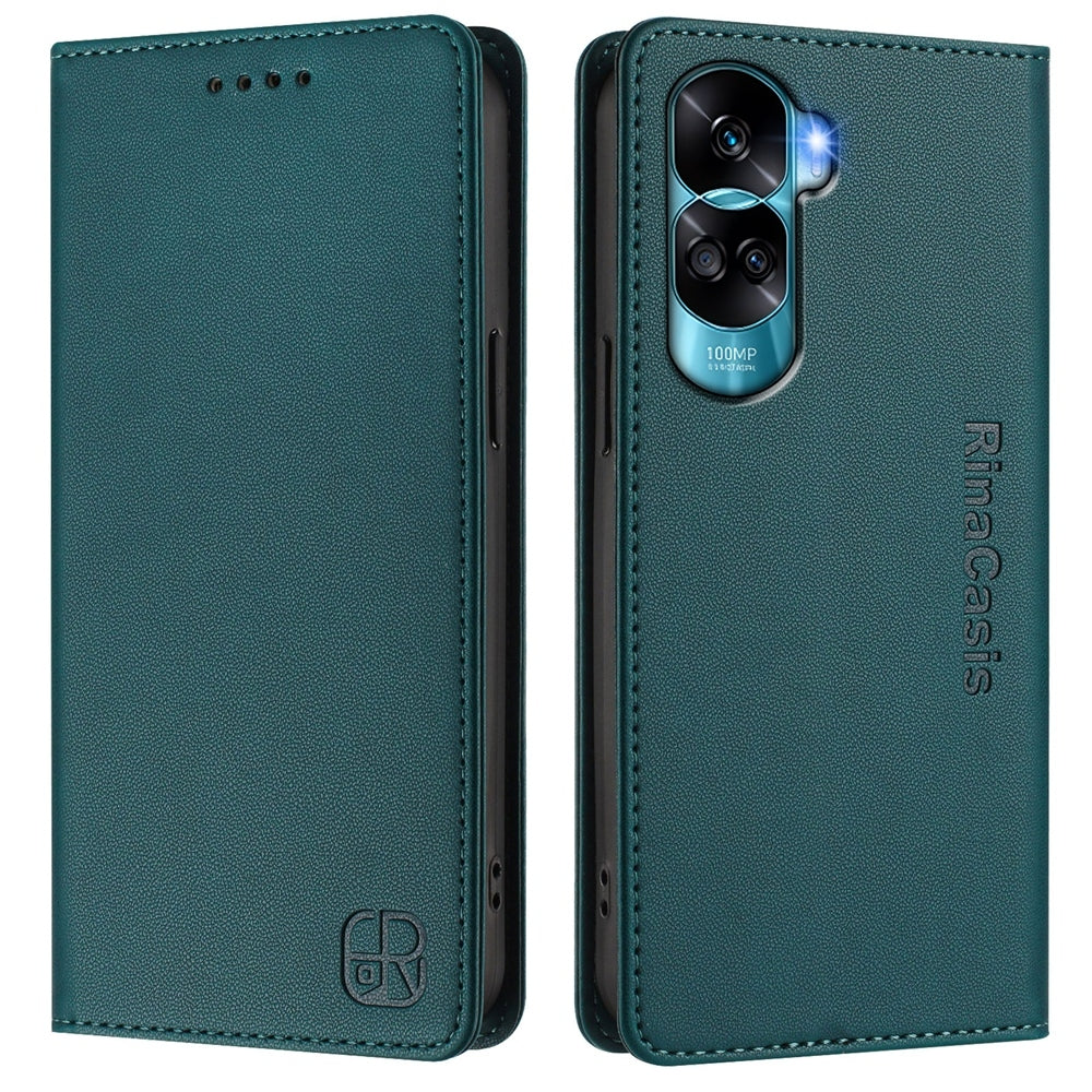 Honor 90 Lite Dual-Folded Magnetic Suction RFID Blocking PU Leather Wallet Phone Case with Card Slots, Cash Pocket, Kickstand, Full Protective Flip Cover