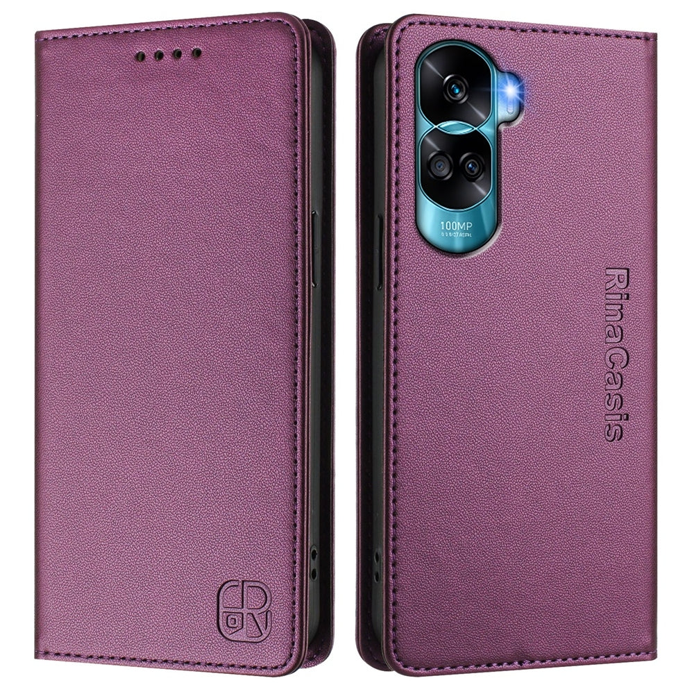 Honor 90 Lite Dual-Folded Magnetic Suction RFID Blocking PU Leather Wallet Phone Case with Card Slots, Cash Pocket, Kickstand, Full Protective Flip Cover