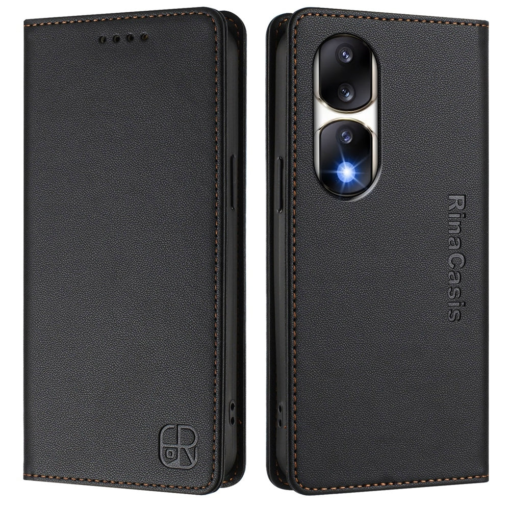 Honor 90 Pro Dual-Folded Magnetic Suction RFID Blocking PU Leather Wallet Phone Case with Card Slots, Cash Pocket, Kickstand, Full Protective Flip Cover