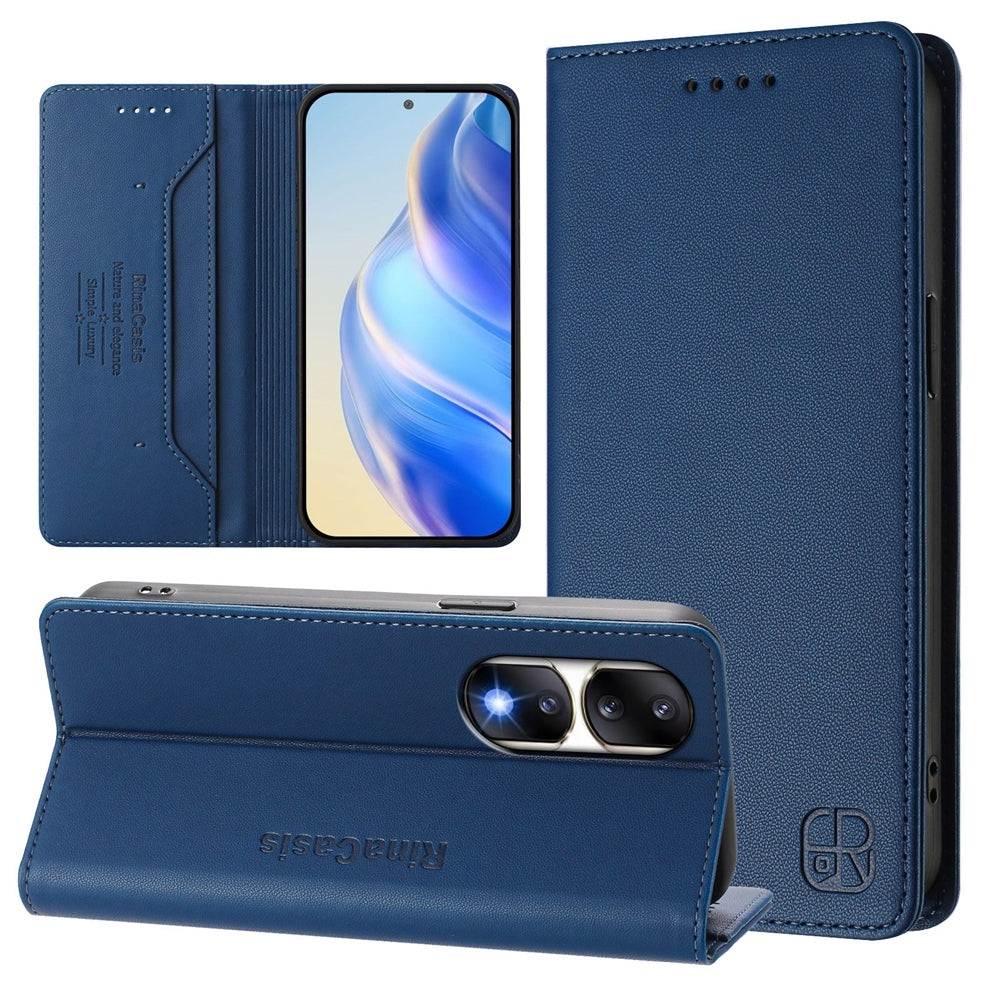 Honor 90 Pro Dual-Folded Magnetic Suction RFID Blocking PU Leather Wallet Phone Case with Card Slots, Cash Pocket, Kickstand, Full Protective Flip Cover