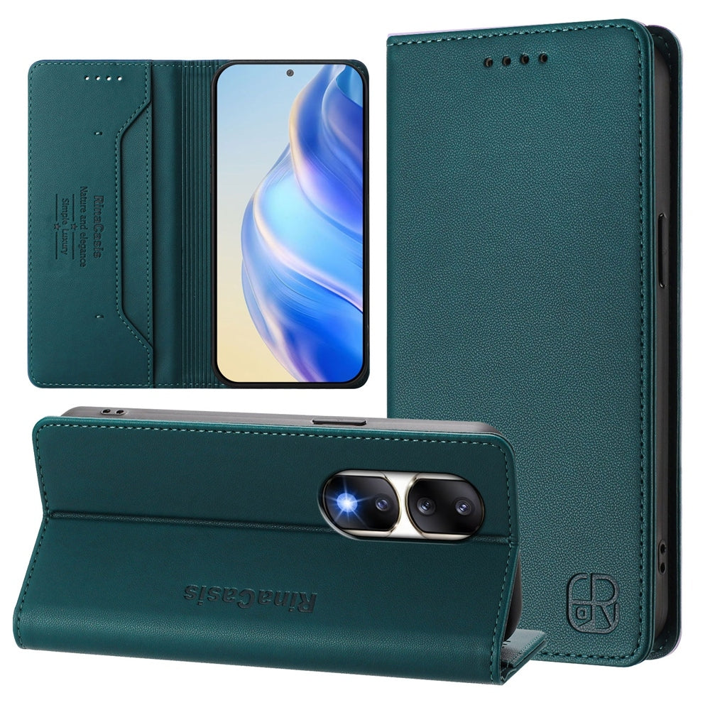 Honor 90 Pro Dual-Folded Magnetic Suction RFID Blocking PU Leather Wallet Phone Case with Card Slots, Cash Pocket, Kickstand, Full Protective Flip Cover