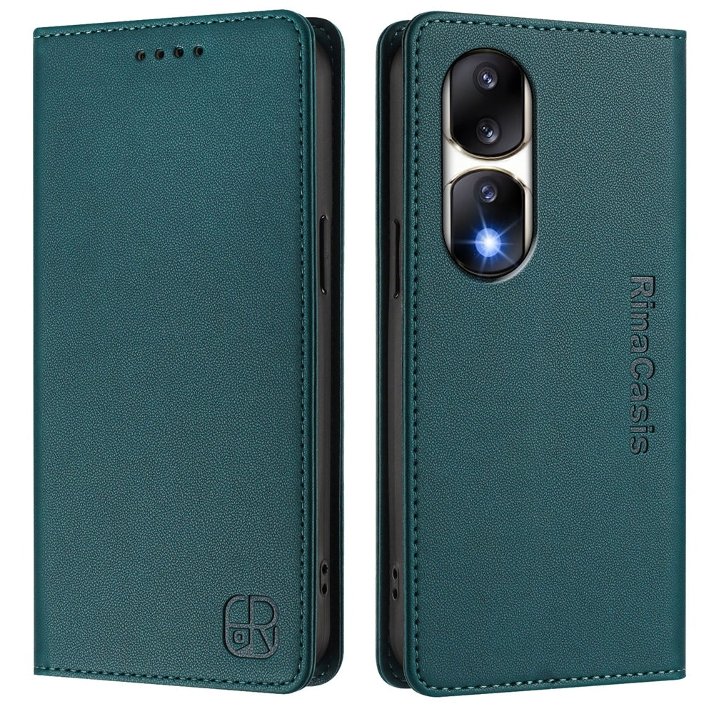 Honor 90 Pro Dual-Folded Magnetic Suction RFID Blocking PU Leather Wallet Phone Case with Card Slots, Cash Pocket, Kickstand, Full Protective Flip Cover