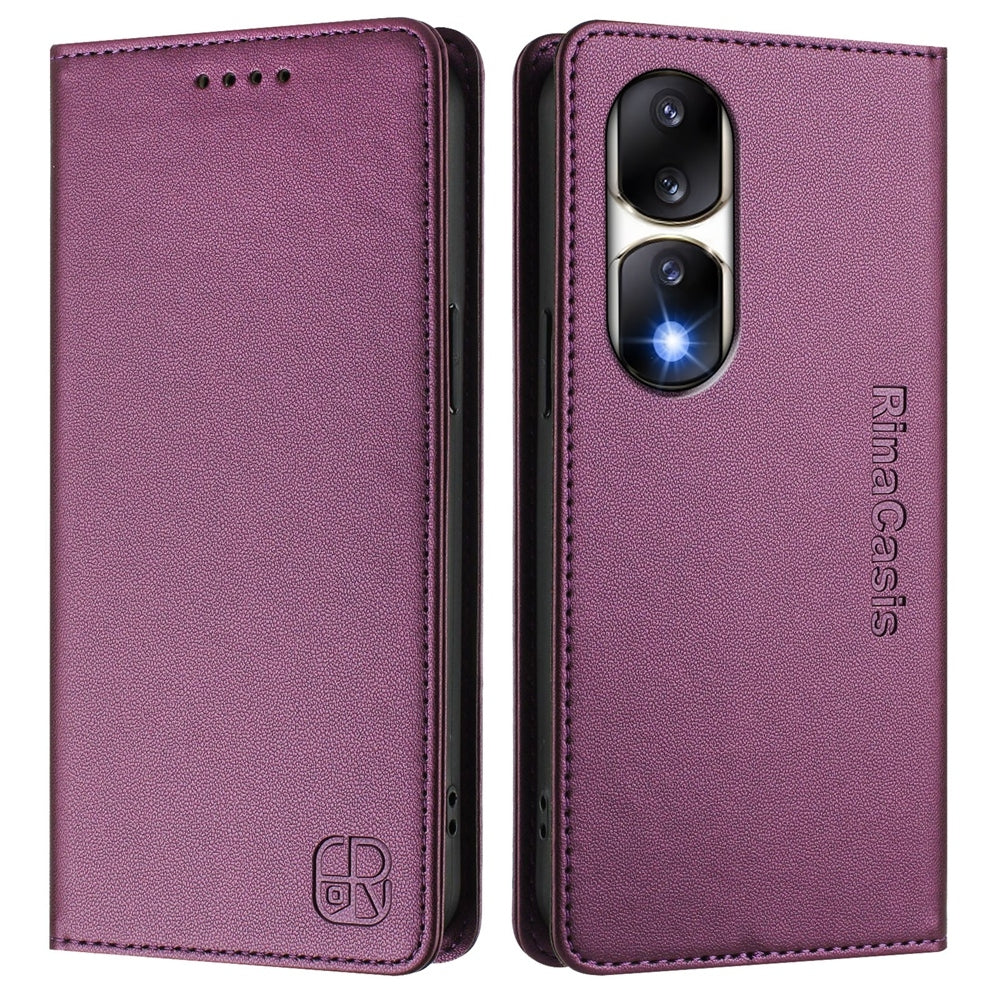 Honor 90 Pro Dual-Folded Magnetic Suction RFID Blocking PU Leather Wallet Phone Case with Card Slots, Cash Pocket, Kickstand, Full Protective Flip Cover