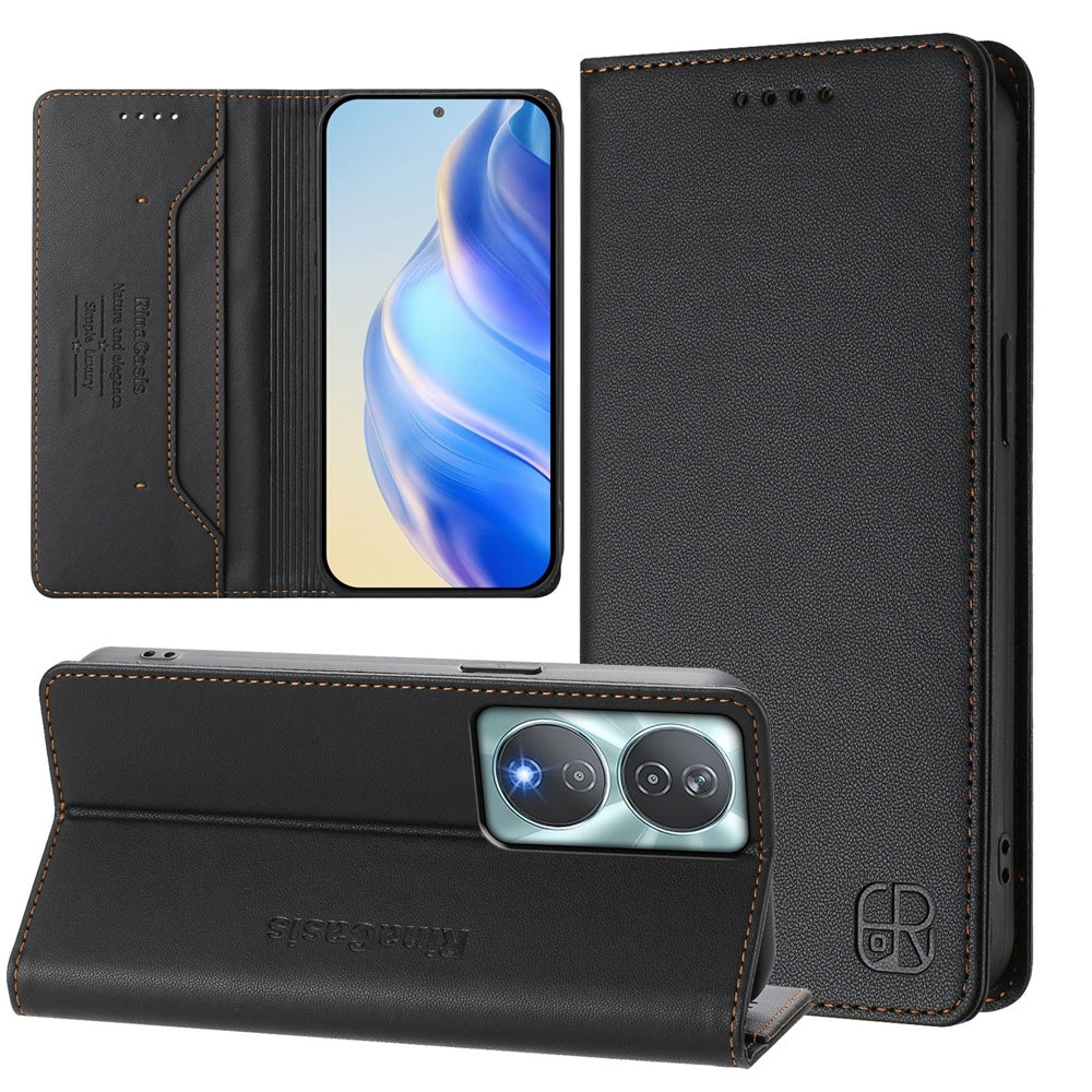 Honor X7b 5G Dual-Folded Magnetic Suction RFID Blocking PU Leather Wallet Phone Case with Card Slots, Cash Pocket, Kickstand, Full Protective Flip Cover