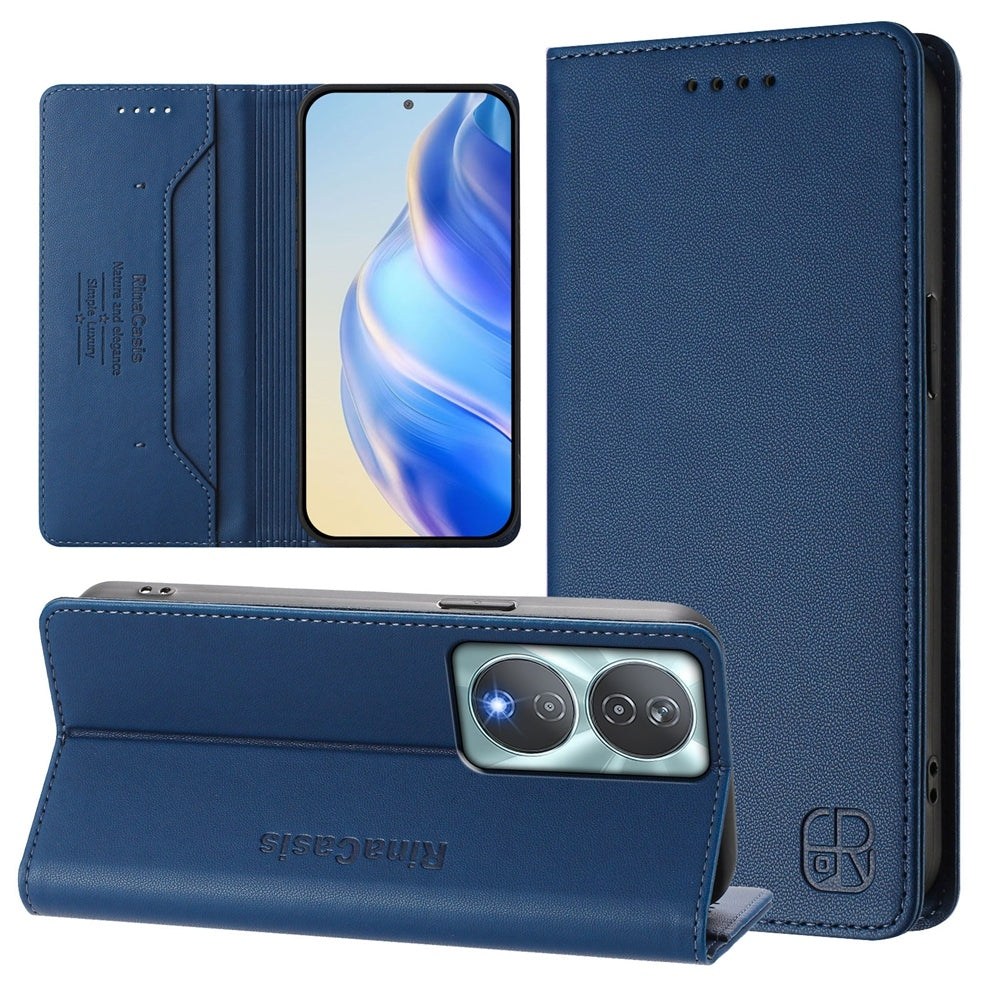 Honor 90 Smart Dual-Folded Magnetic Suction RFID Blocking PU Leather Wallet Phone Case with Card Slots, Cash Pocket, Kickstand, Full Protective Flip Cover