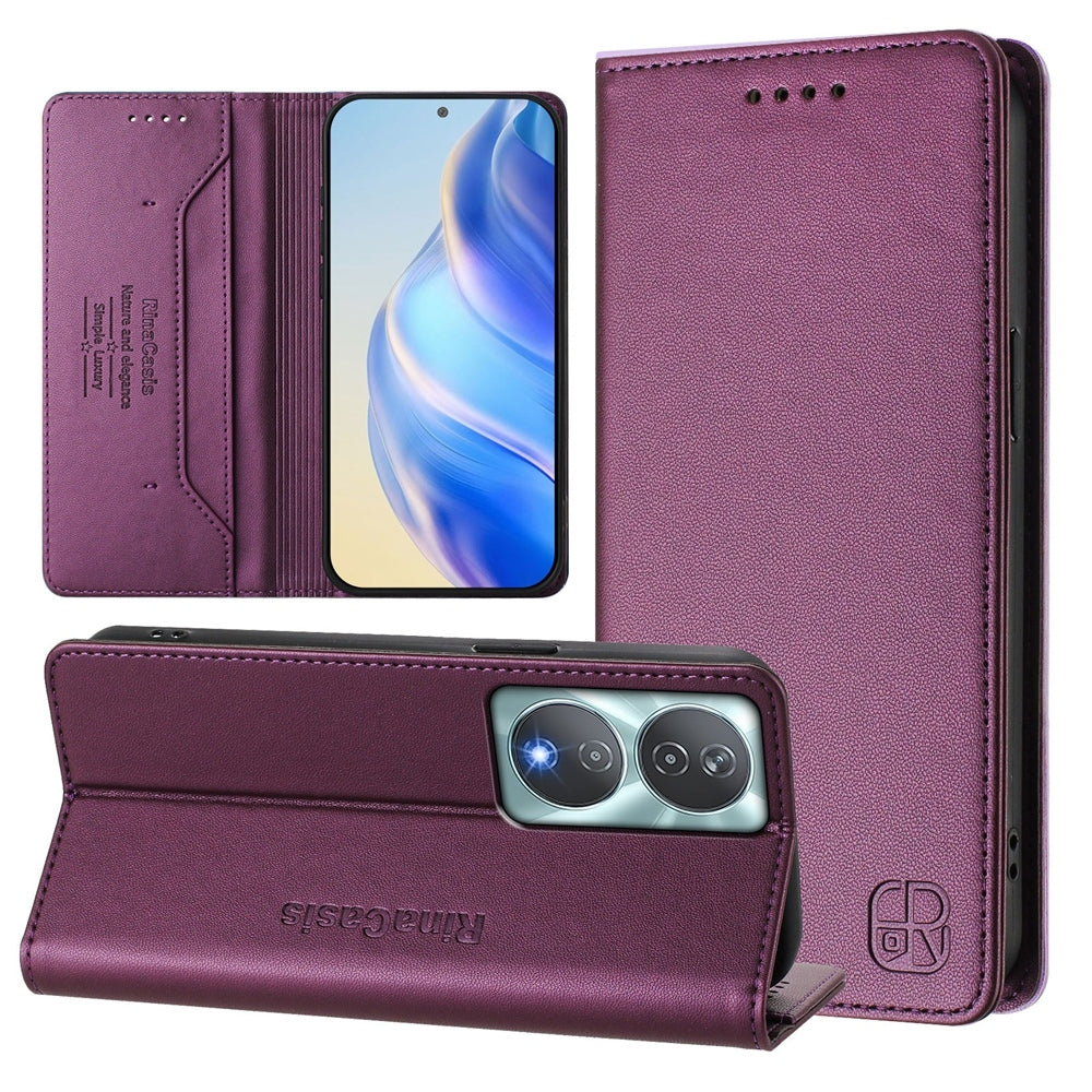 Honor 90 Smart Dual-Folded Magnetic Suction RFID Blocking PU Leather Wallet Phone Case with Card Slots, Cash Pocket, Kickstand, Full Protective Flip Cover