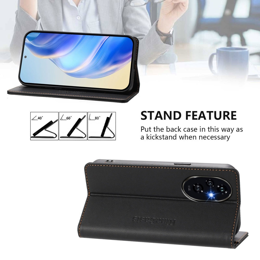 Honor 200 Dual-Folded Magnetic Suction RFID Blocking PU Leather Wallet Phone Case with Card Slots, Cash Pocket, Kickstand, Full Protective Flip Cover