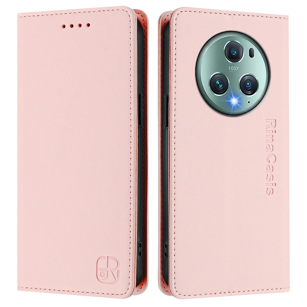 Honor Magic5 Pro Dual-Folded Magnetic Suction RFID Blocking PU Leather Wallet Phone Case with Card Slots, Cash Pocket, Kickstand, Full Protective Flip Cover