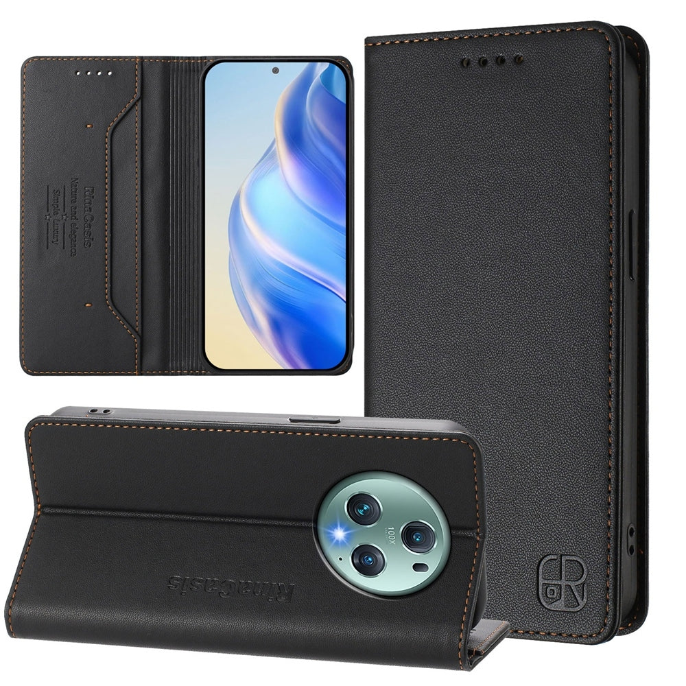 Honor Magic5 Pro Dual-Folded Magnetic Suction RFID Blocking PU Leather Wallet Phone Case with Card Slots, Cash Pocket, Kickstand, Full Protective Flip Cover