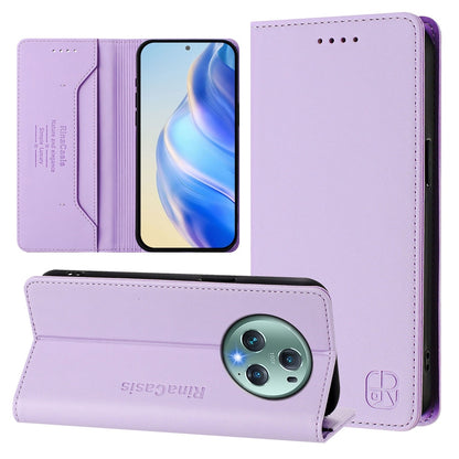 Honor Magic5 Pro Dual-Folded Magnetic Suction RFID Blocking PU Leather Wallet Phone Case with Card Slots, Cash Pocket, Kickstand, Full Protective Flip Cover