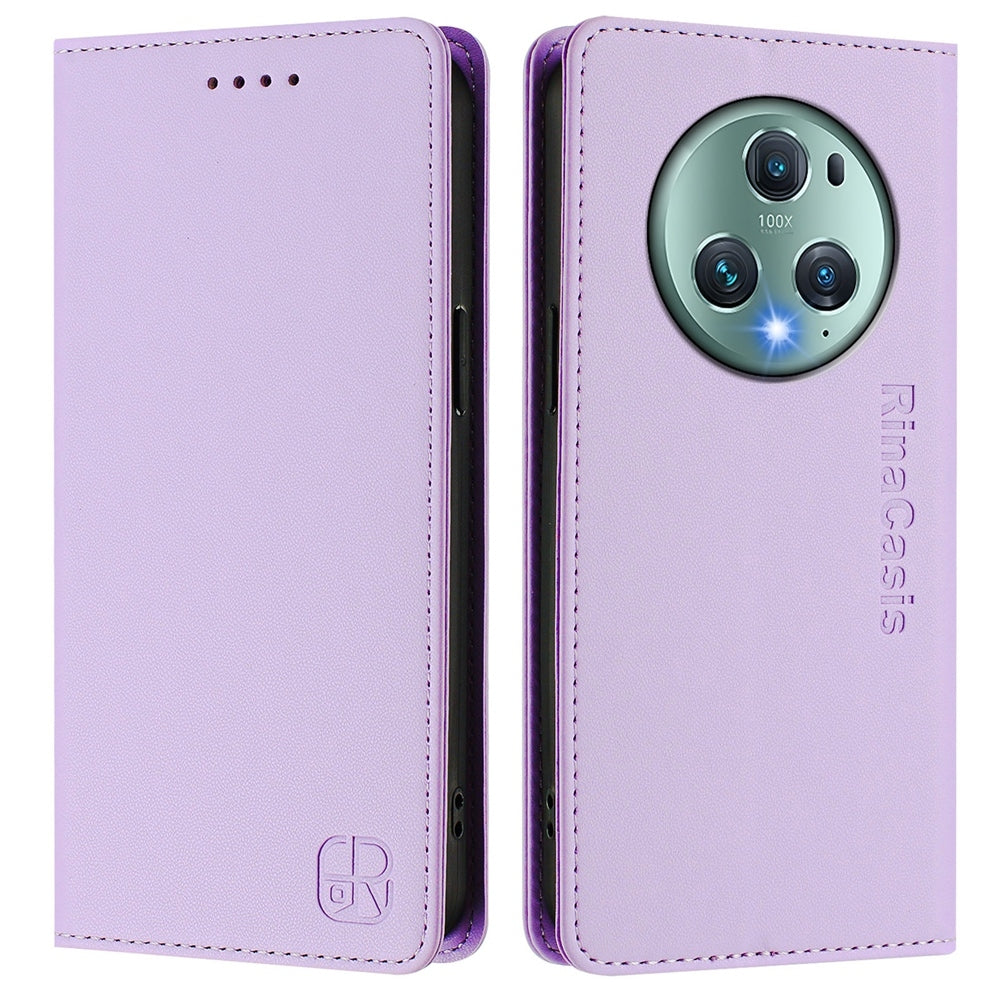 Honor Magic5 Pro Dual-Folded Magnetic Suction RFID Blocking PU Leather Wallet Phone Case with Card Slots, Cash Pocket, Kickstand, Full Protective Flip Cover
