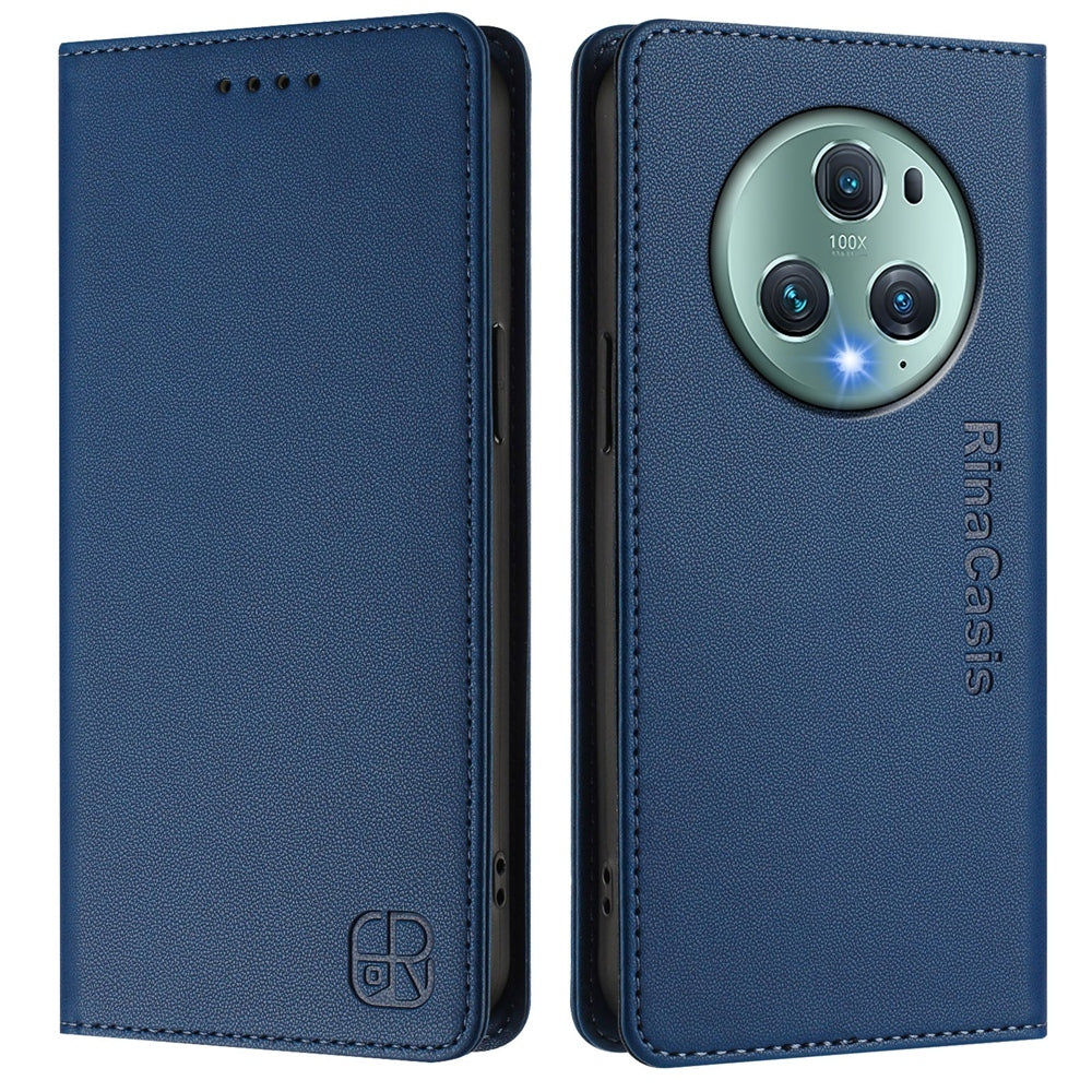 Honor Magic5 Pro Dual-Folded Magnetic Suction RFID Blocking PU Leather Wallet Phone Case with Card Slots, Cash Pocket, Kickstand, Full Protective Flip Cover