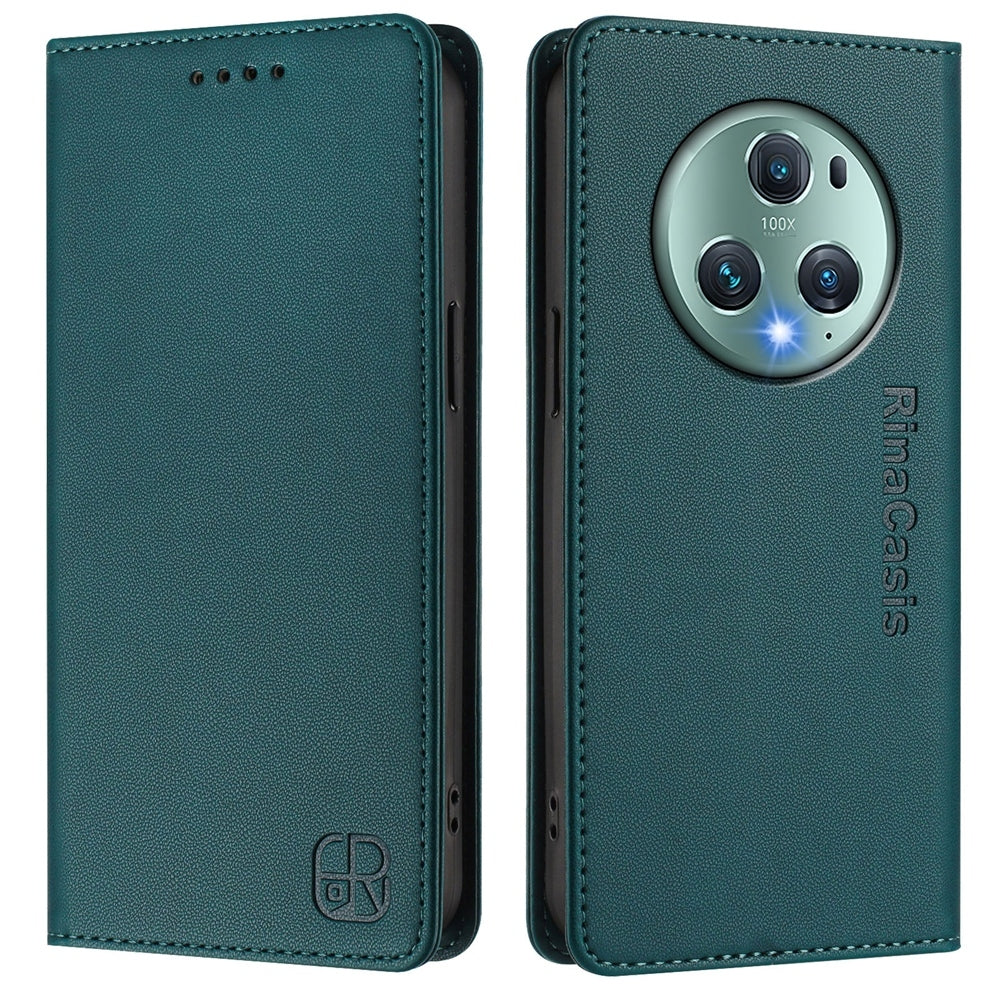 Honor Magic5 Pro Dual-Folded Magnetic Suction RFID Blocking PU Leather Wallet Phone Case with Card Slots, Cash Pocket, Kickstand, Full Protective Flip Cover