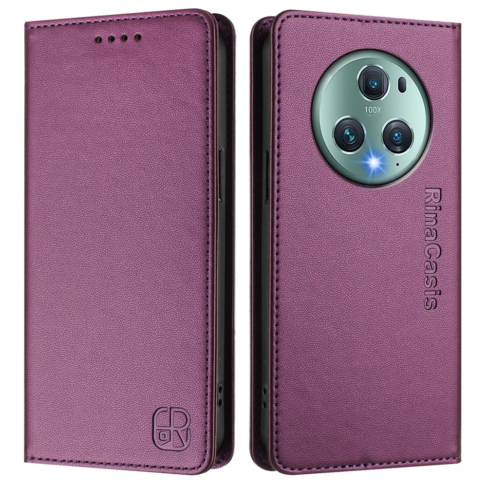 Honor Magic5 Pro Dual-Folded Magnetic Suction RFID Blocking PU Leather Wallet Phone Case with Card Slots, Cash Pocket, Kickstand, Full Protective Flip Cover
