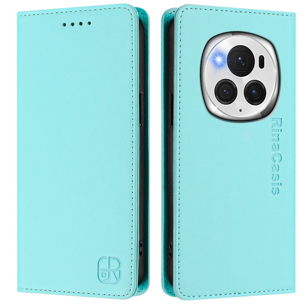 Honor Magic6 Pro Dual-Folded Magnetic Suction RFID Blocking PU Leather Wallet Phone Case with Card Slots, Cash Pocket, Kickstand, Full Protective Flip Cover