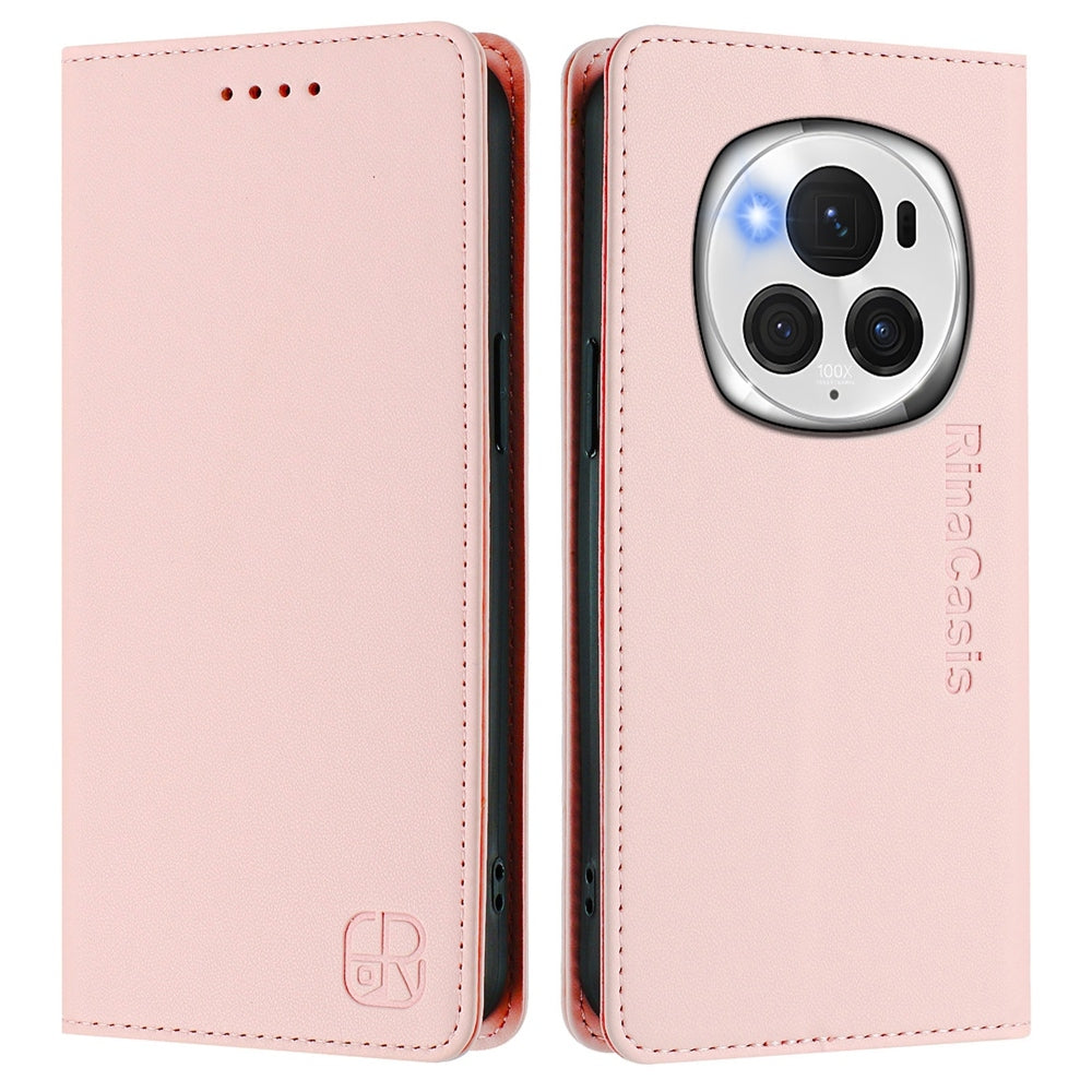 Honor Magic6 Pro Dual-Folded Magnetic Suction RFID Blocking PU Leather Wallet Phone Case with Card Slots, Cash Pocket, Kickstand, Full Protective Flip Cover