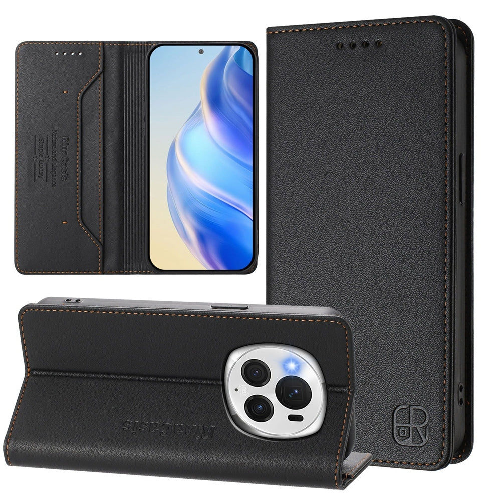 Honor Magic6 Pro Dual-Folded Magnetic Suction RFID Blocking PU Leather Wallet Phone Case with Card Slots, Cash Pocket, Kickstand, Full Protective Flip Cover