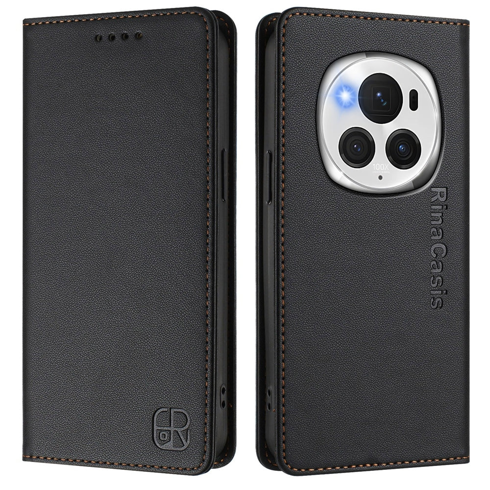 Honor Magic6 Pro Dual-Folded Magnetic Suction RFID Blocking PU Leather Wallet Phone Case with Card Slots, Cash Pocket, Kickstand, Full Protective Flip Cover