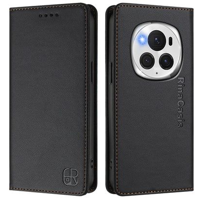 Honor Magic6 Pro Dual-Folded Magnetic Suction RFID Blocking PU Leather Wallet Phone Case with Card Slots, Cash Pocket, Kickstand, Full Protective Flip Cover
