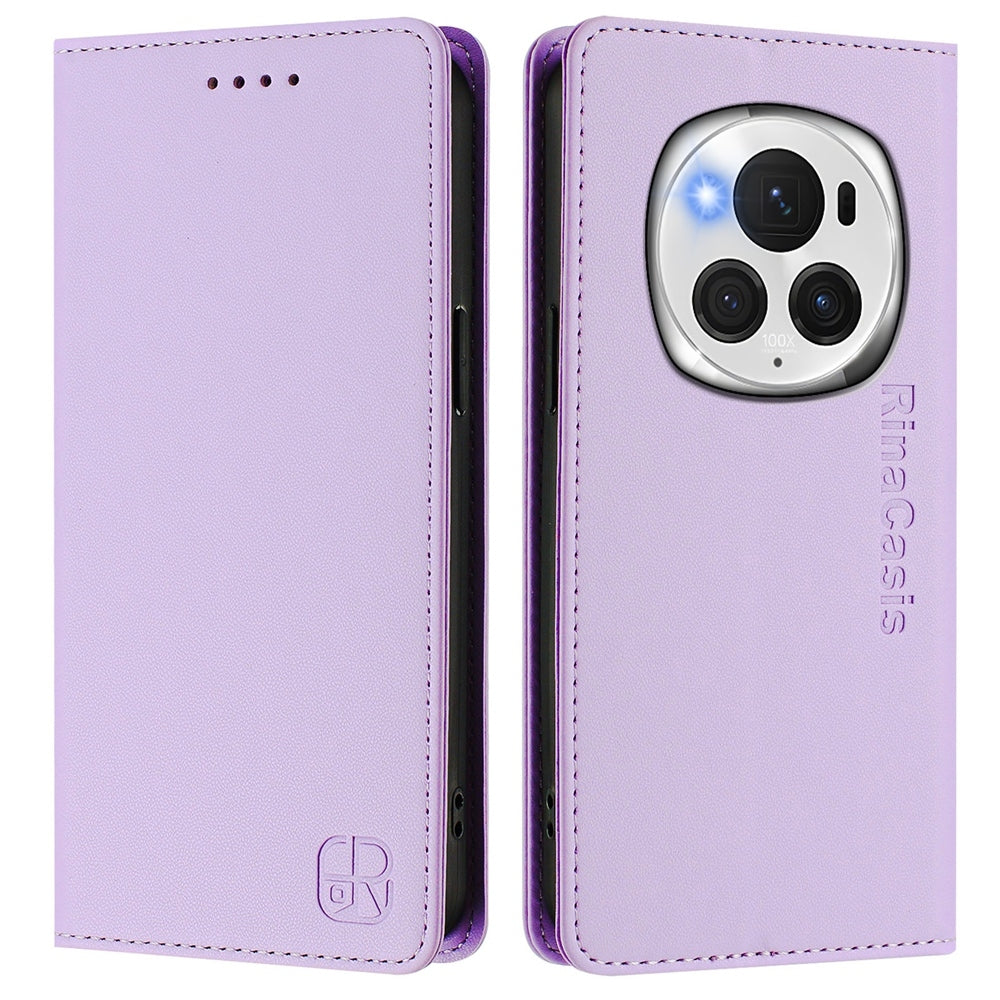 Honor Magic6 Pro Dual-Folded Magnetic Suction RFID Blocking PU Leather Wallet Phone Case with Card Slots, Cash Pocket, Kickstand, Full Protective Flip Cover