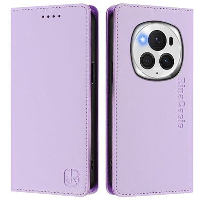 Honor Magic6 Pro Dual-Folded Magnetic Suction RFID Blocking PU Leather Wallet Phone Case with Card Slots, Cash Pocket, Kickstand, Full Protective Flip Cover