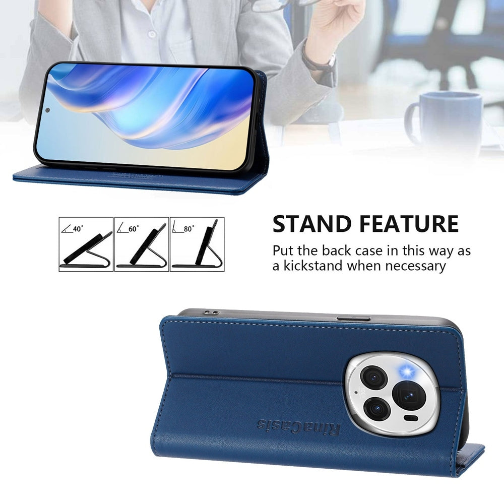 Honor Magic6 Pro Dual-Folded Magnetic Suction RFID Blocking PU Leather Wallet Phone Case with Card Slots, Cash Pocket, Kickstand, Full Protective Flip Cover