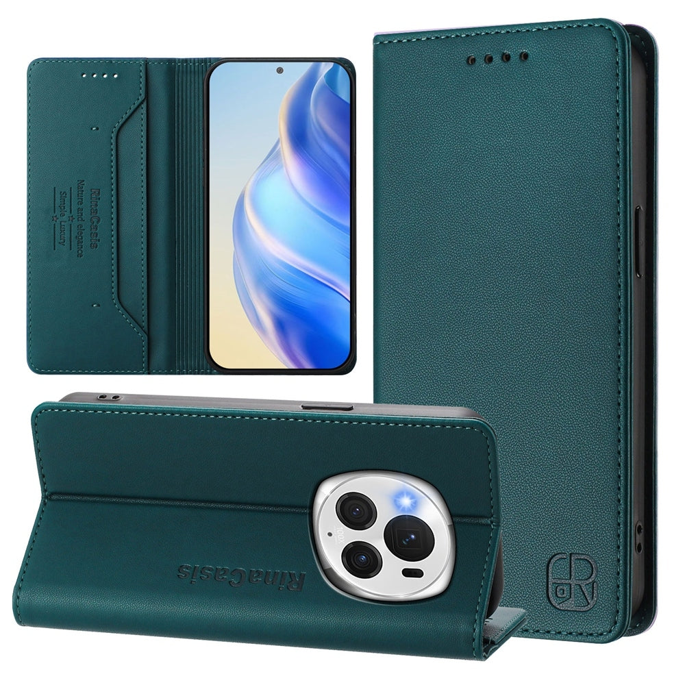 Honor Magic6 Pro Dual-Folded Magnetic Suction RFID Blocking PU Leather Wallet Phone Case with Card Slots, Cash Pocket, Kickstand, Full Protective Flip Cover