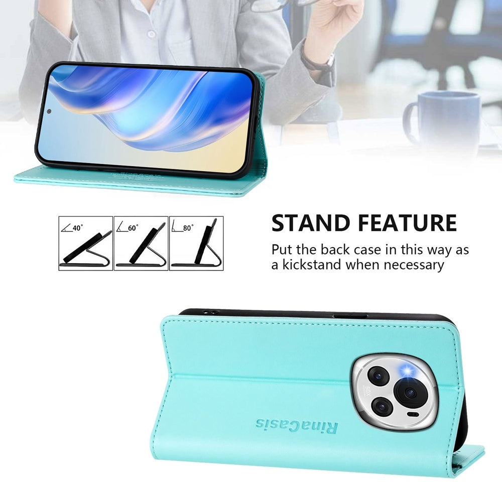 Honor Magic6 Dual-Folded Magnetic Suction RFID Blocking PU Leather Wallet Phone Case with Card Slots, Cash Pocket, Kickstand, Full Protective Flip Cover