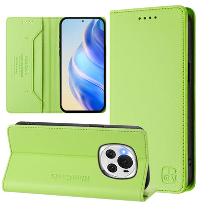 Honor Magic6 Dual-Folded Magnetic Suction RFID Blocking PU Leather Wallet Phone Case with Card Slots, Cash Pocket, Kickstand, Full Protective Flip Cover