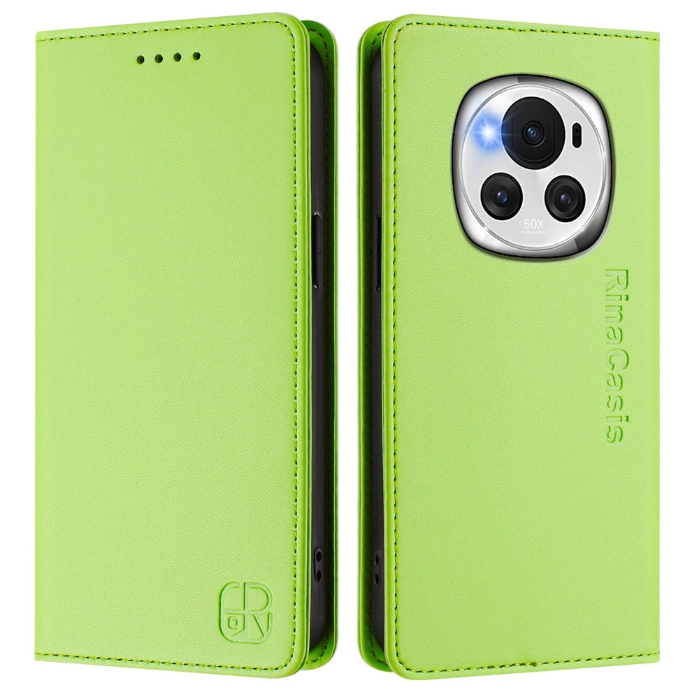 Honor Magic6 Dual-Folded Magnetic Suction RFID Blocking PU Leather Wallet Phone Case with Card Slots, Cash Pocket, Kickstand, Full Protective Flip Cover