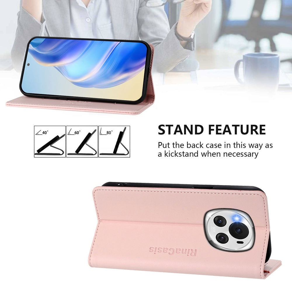 Honor Magic6 Dual-Folded Magnetic Suction RFID Blocking PU Leather Wallet Phone Case with Card Slots, Cash Pocket, Kickstand, Full Protective Flip Cover