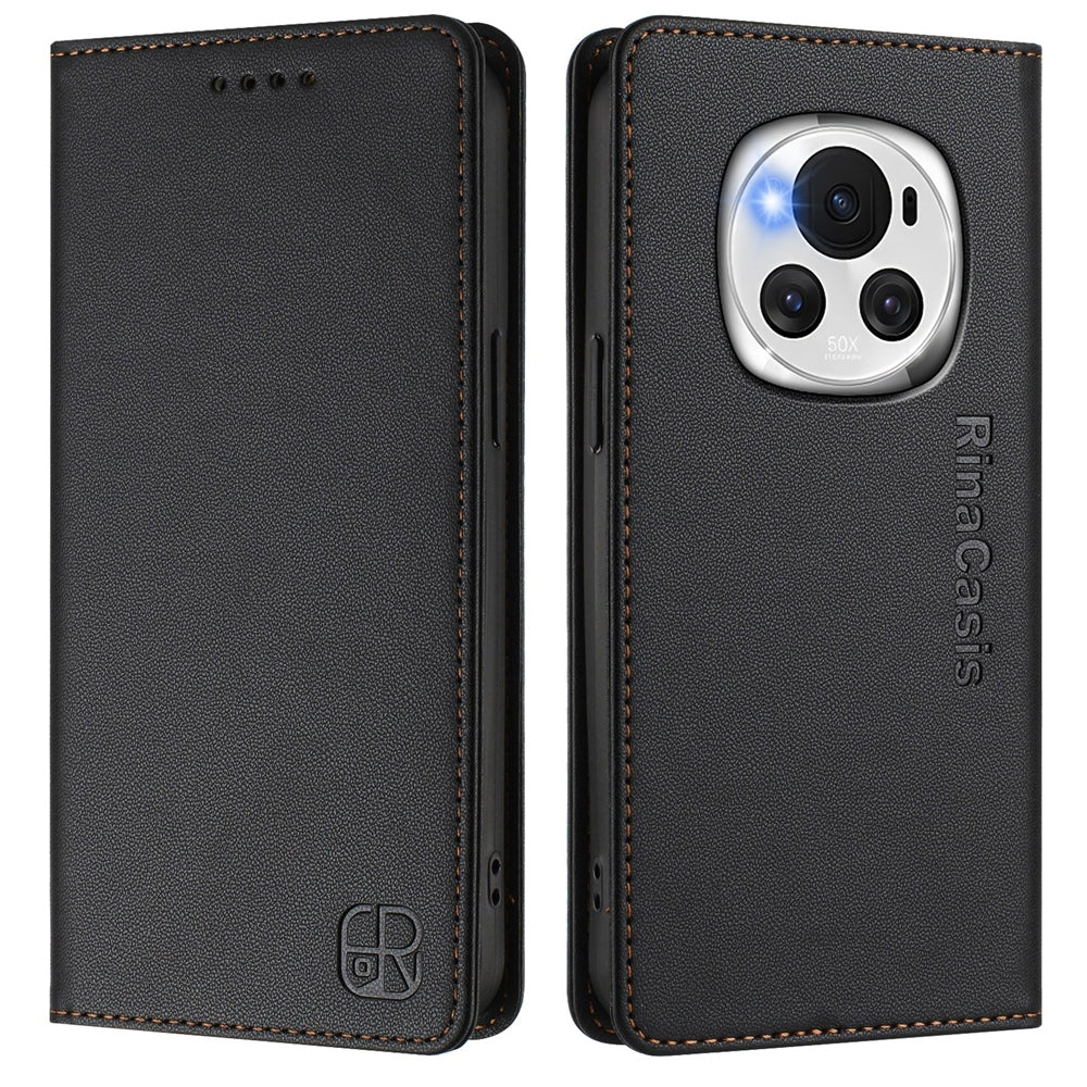 Honor Magic6 Dual-Folded Magnetic Suction RFID Blocking PU Leather Wallet Phone Case with Card Slots, Cash Pocket, Kickstand, Full Protective Flip Cover