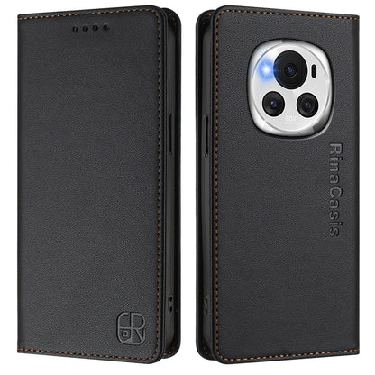 Honor Magic6 Dual-Folded Magnetic Suction RFID Blocking PU Leather Wallet Phone Case with Card Slots, Cash Pocket, Kickstand, Full Protective Flip Cover